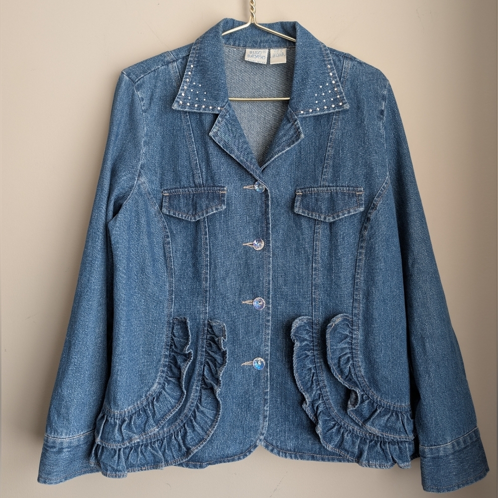 Vintage Bleu Bayou Embellished Ruffle denim jacket *Missing Wrist Buttons